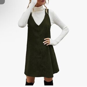 Olive Green Sleeveless Dress with White Ribbed Turtleneck